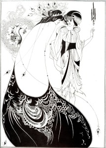 Vincent Aubrey Beardsley - El traje de Pavo Real (ilustración para "Salomé" de O. Wilde) - 1893 - La imagen muestra dos mujeres de cuerpo entero vestidas con trajes cuyo remate recuerda la forma de una pluma de pavo real. Pulse para ampliar.