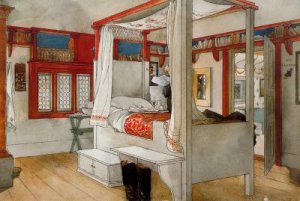 Carl Larsson - "La habitación de papá" (c.1895) - la imagen muestra el interior de un dormitorio con una gran cama con dosel en el centro. El suelo es de tarima de madera en su color natural marrón claro. Las paredes son blancas y las ventanas, vigas y puertas están pintadas de color rojo. La cama y sus ropas son blancas. Pulse para ampliar.
